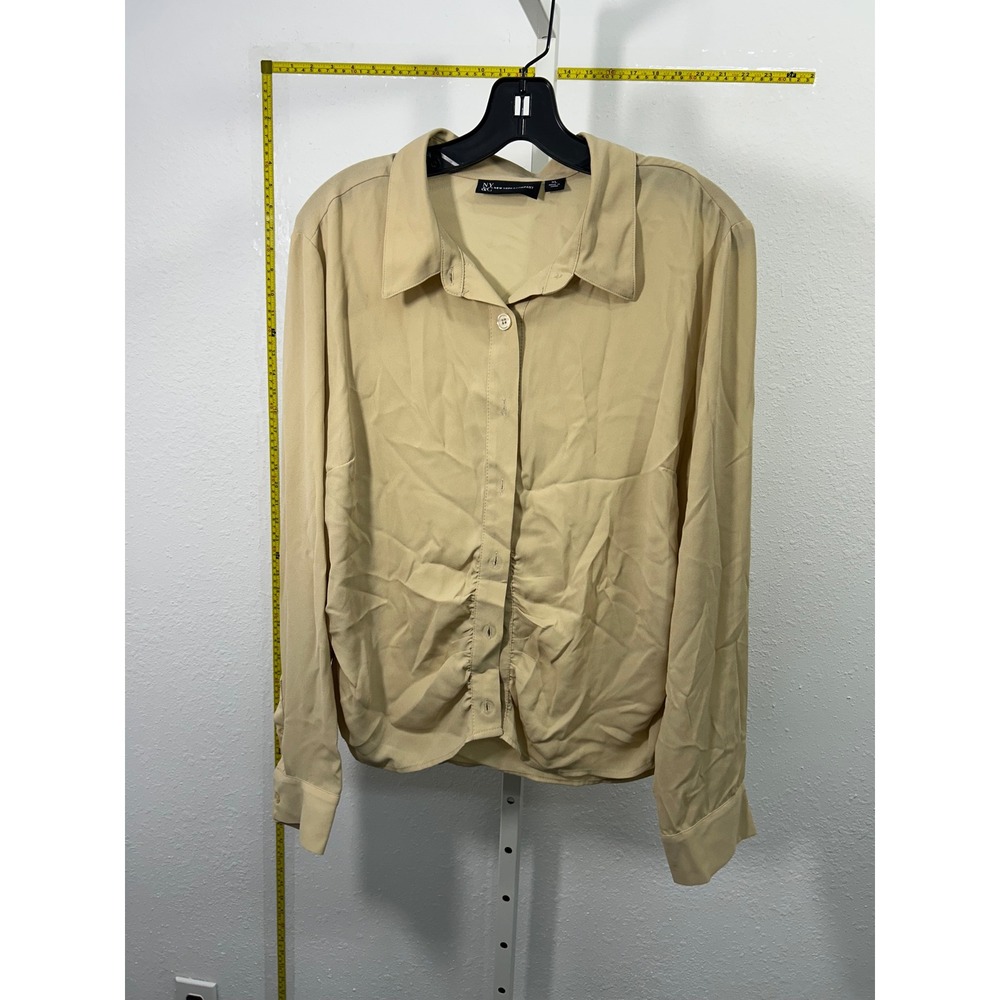 New York & Company Tan Beige Ruched Front Button Down Blouse XL Long Sleeve Top
